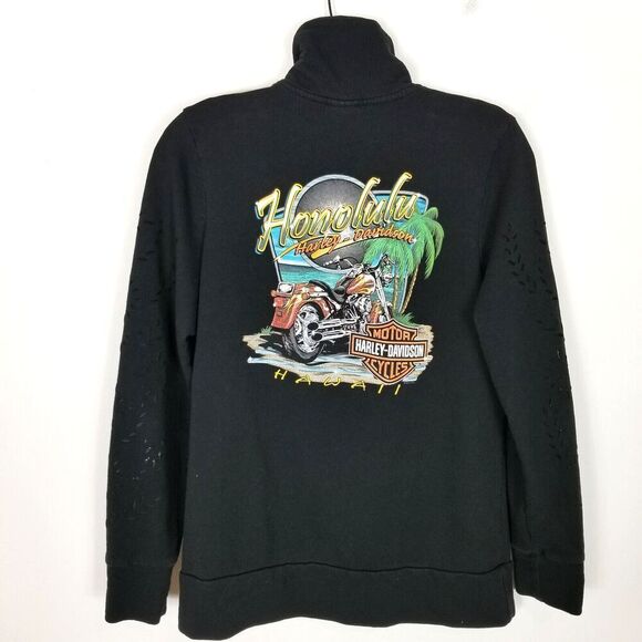 Harley-Davidson Women Zip Up Sweatshirt Jacket Sz M Black Honolulu Back - Picture 1 of 7
